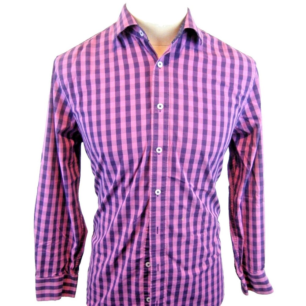 Mens Nick Graham Purple Check LS Modern Fit Stretch Casual Shirt sz 15x32/33